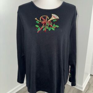 Studio Joy Black Holiday Top 2X Embroidered Horn Holly Bows Christmas‎ Plus
